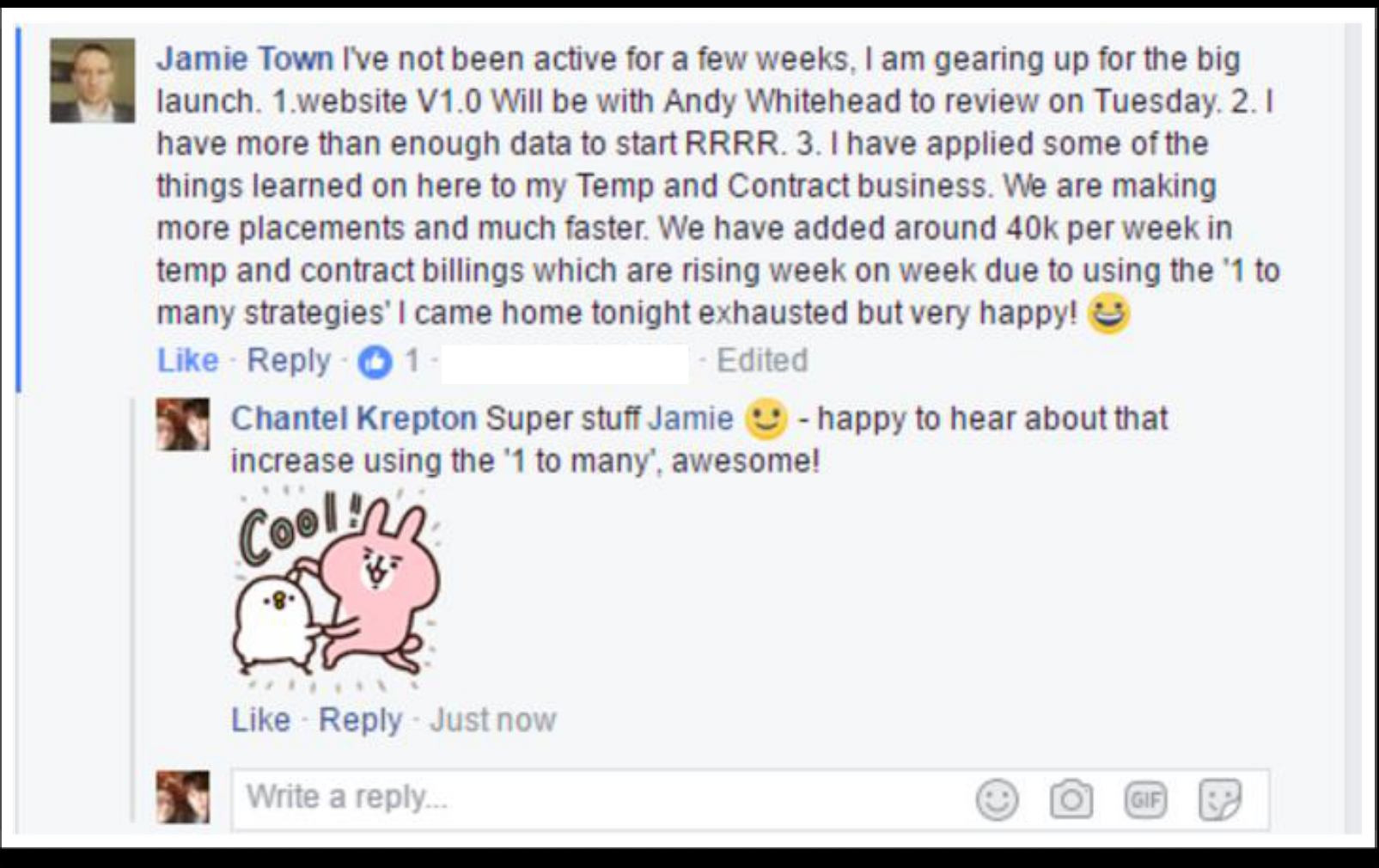 Facebook post: Jamie Town added around 40k per week in temp and contract billings