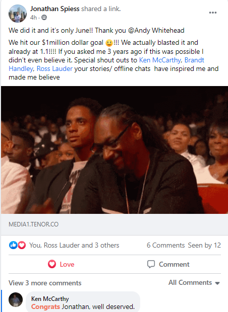Facebook post: Jonathan Spiess hit the $1.1 million goal
