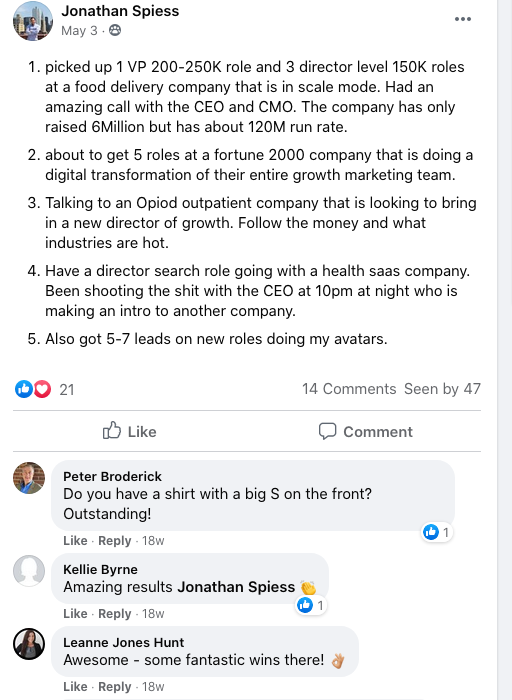 Facebook post: Jonathan Spiess pipeline of VP and director-level roles
