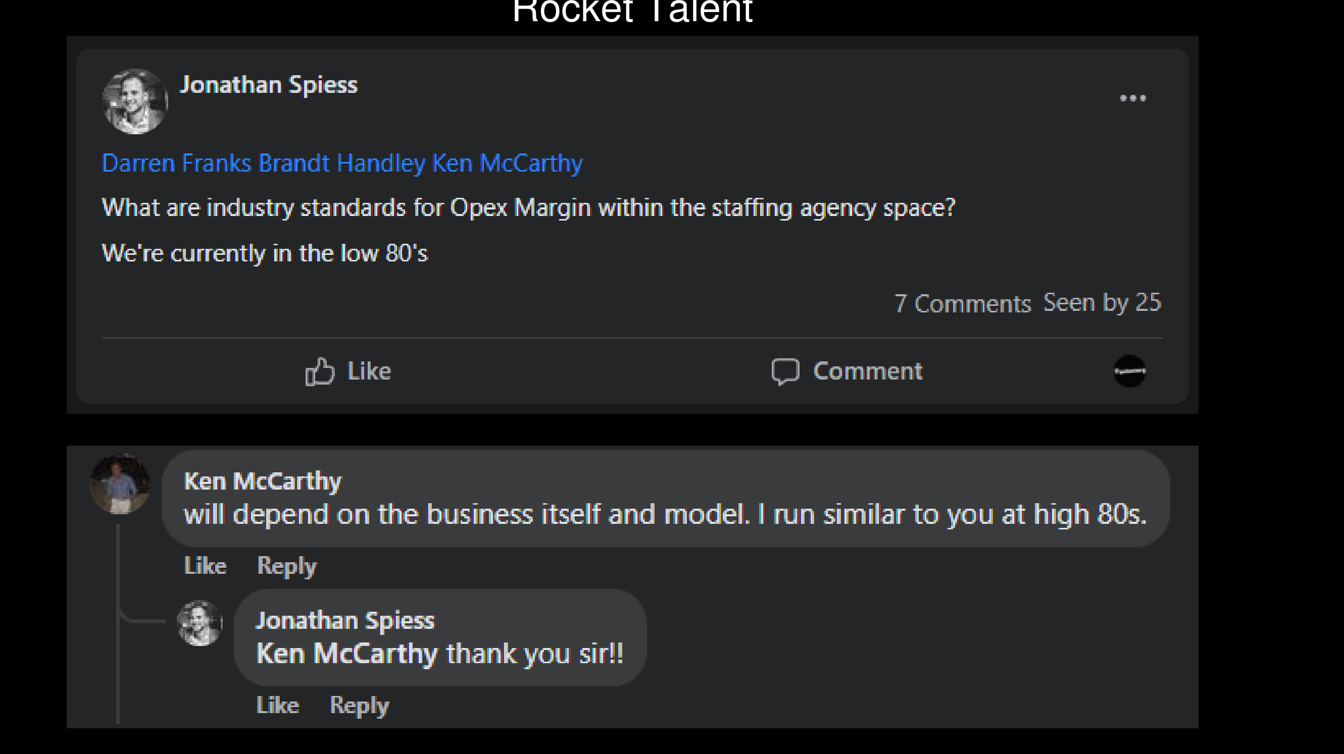 Facebook post: Jonathan Spiess running an operating margin in the low 80s