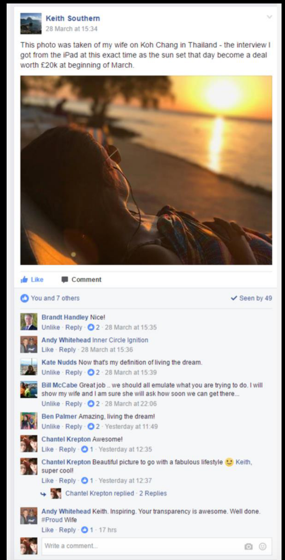 Facebook post: Keith Southern, an interview run from the beach became a 20k deal