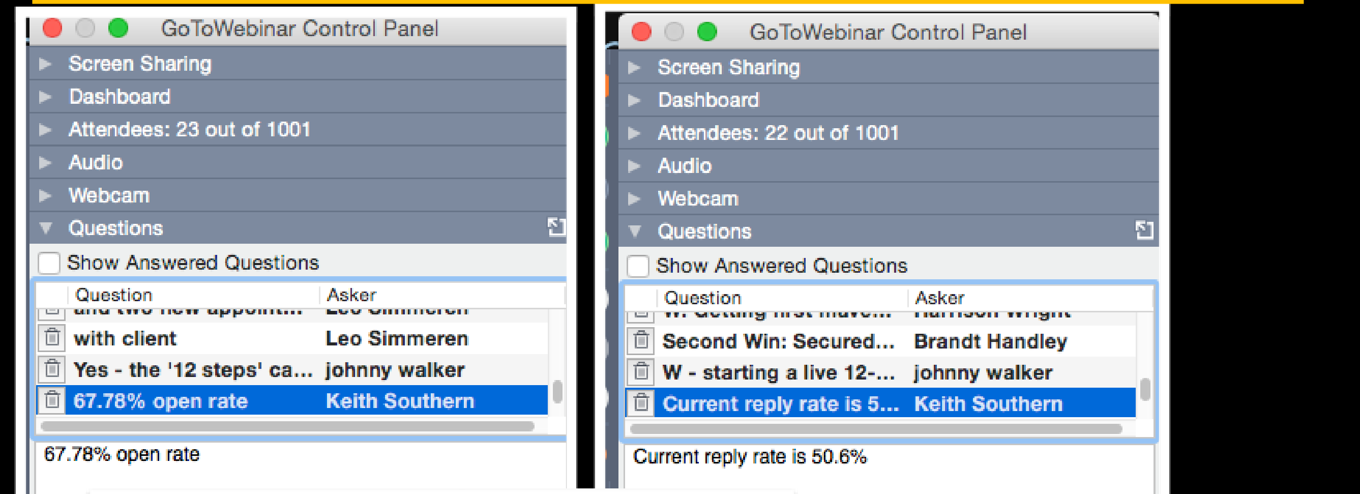 Two GoToWebinar control panels showing a 67.78% open rate and a 50.6% reply rate reported live by members