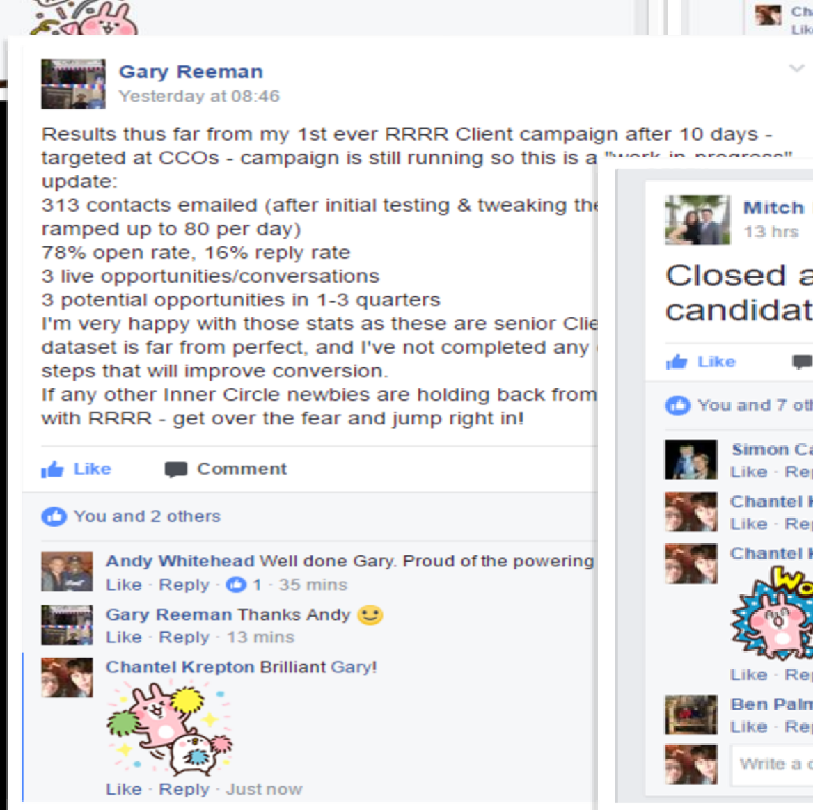 Facebook post: Gary Reeman, 78 percent open rate and 16 percent reply rate on his first campaign