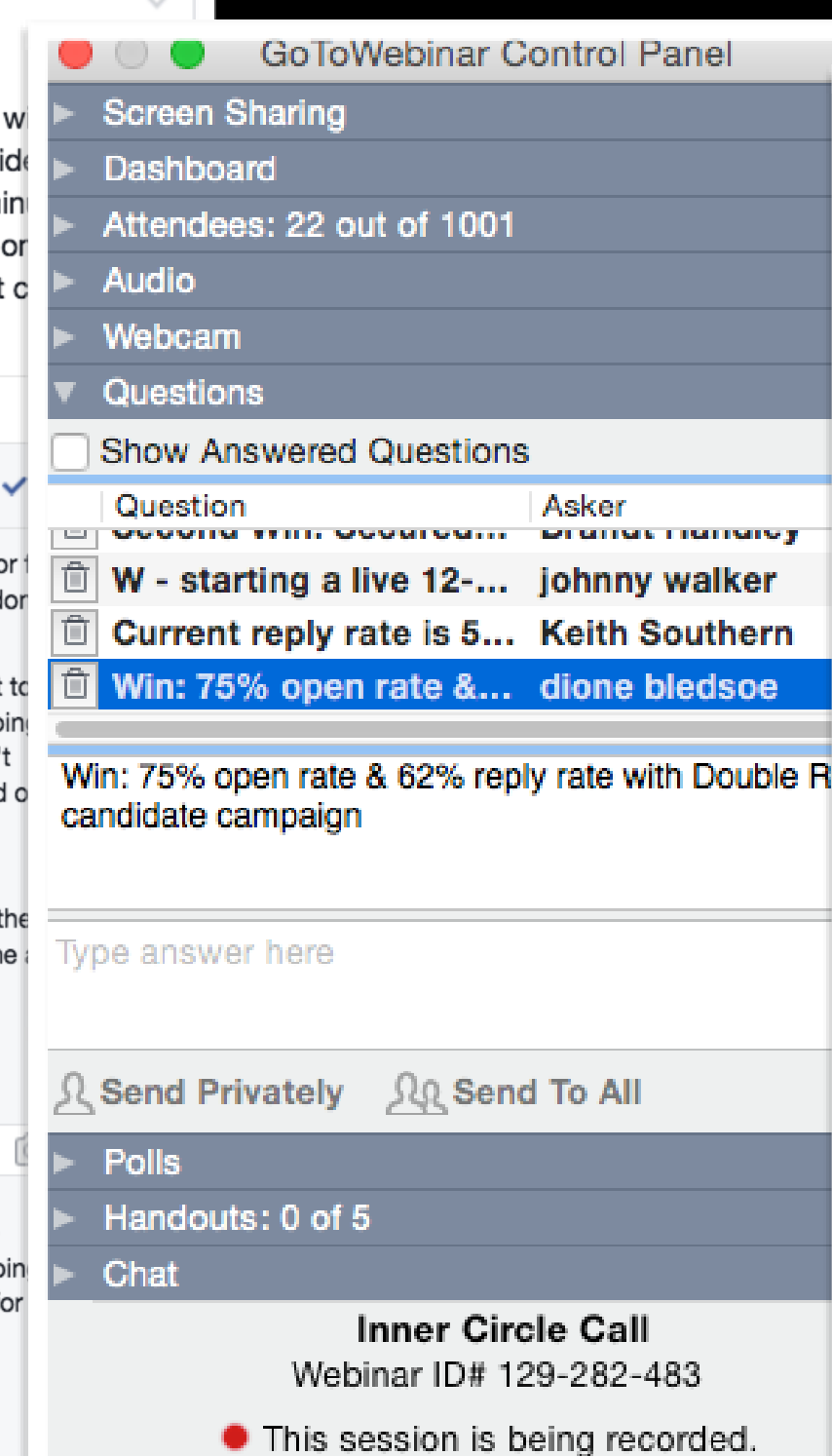 GoToWebinar panel logging a member win of a 75% open rate and a 62% reply rate