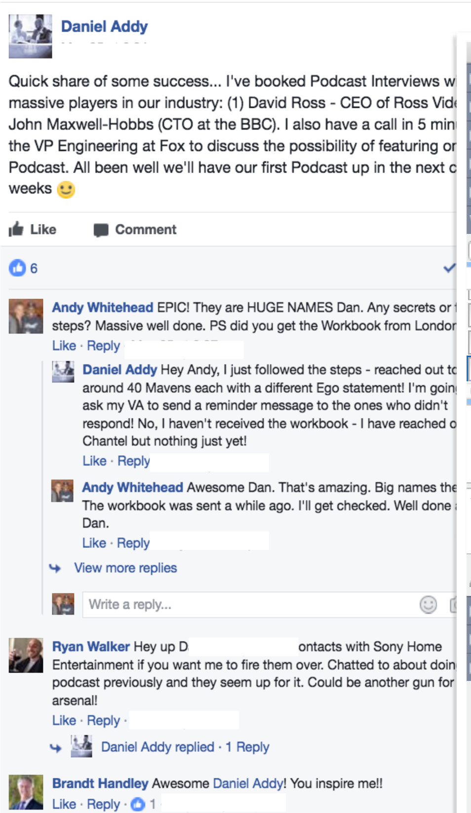 Facebook post: Daniel Addy booked podcasts with a CEO and the BBC's CTO